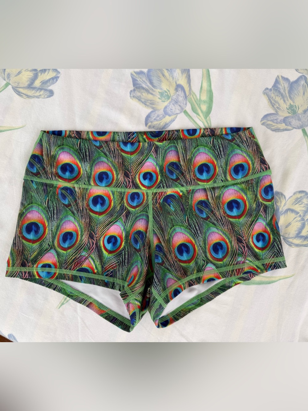 Peachy Peacock Feather Print Athletic Shorts